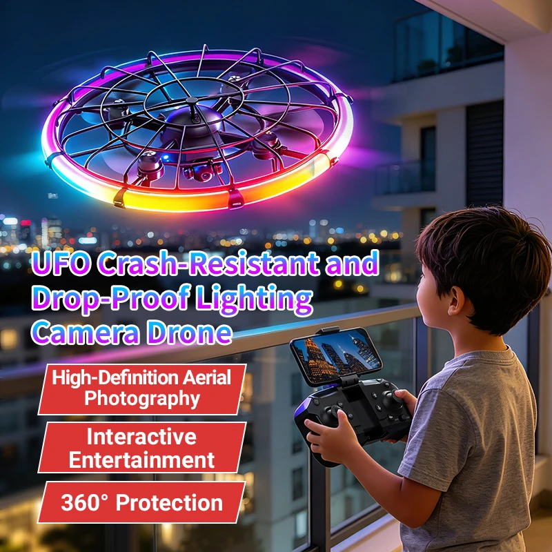 Dron Rc Quadcopter - JJRC H145 UFO RCドローン、デュアルHDレンズ、RGBフローライト、フルボディプロテクション、空撮クアッドコプター玩具